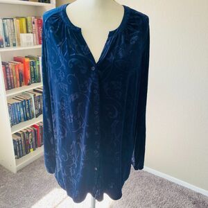 CHICO'S Navy Blue Velvet Floral V-Neck Button Down Long Sleeve Top Size 3 XLarge